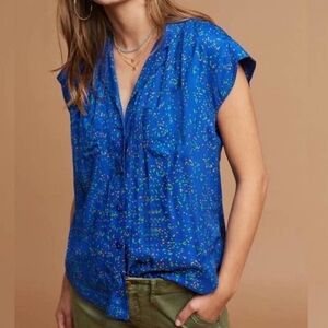 Anthropologie Maeve Blue Confetti Button-Down Blouse XS